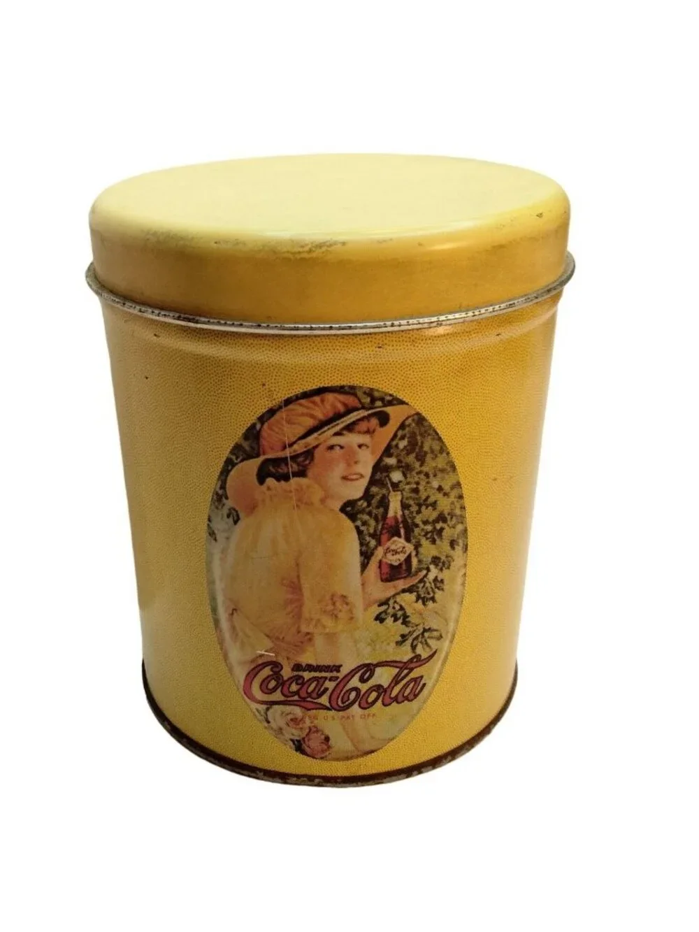 Vintage Coca Cola Tin Canister Yellow Lady Holding Coke Lidded Retro 1980s
